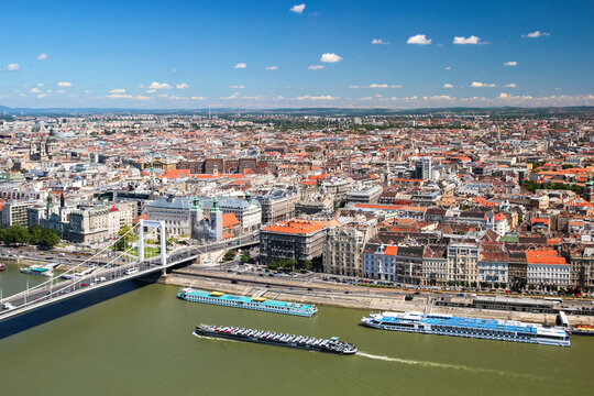 High angle panoramic view of Budapest cityscape along Danube River with Elisabeth Bridge from Citadel Hungary