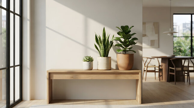 Modern minimalist living room interior with wooden console table and potted plants