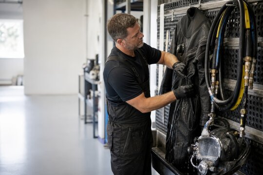 Commercial Diving Equipment Inspection with Maintainer Dry Suit on Rack