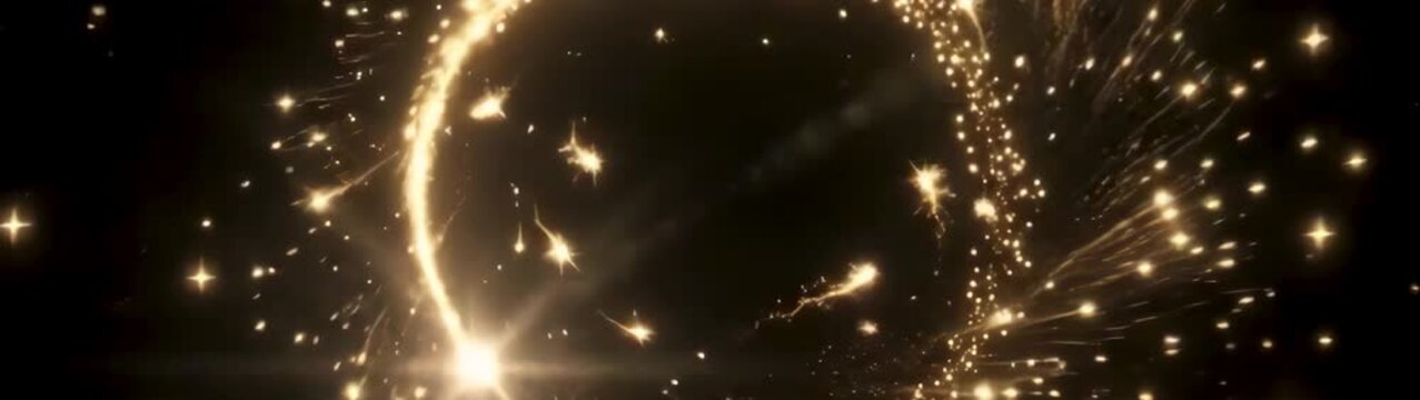 Luxury gold particle ring celebration and premium background with glowing dust motion elegant circular light effect on black background.