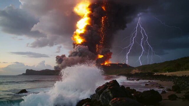 Erupting vent sending ash plume and lava stream over rocky shore, lightning striking