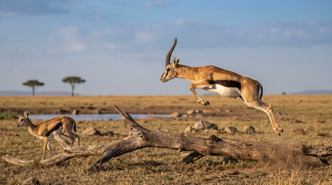 Antelope leaping over log in African savanna with trees  