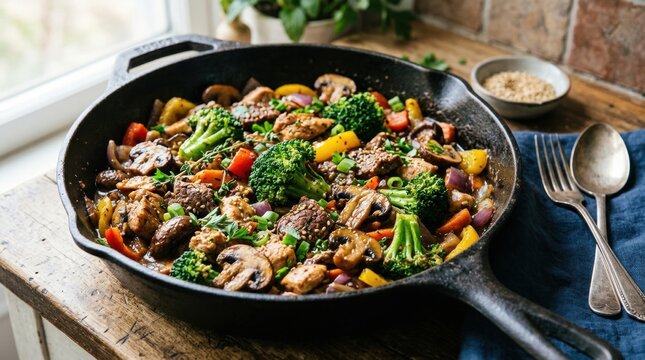 Hearty Skillet Stir-Fry: A vibrant and flavorful stir-fry brimming with fresh vegetables and tender meat, all prepared in a rustic cast-iron skillet. A wholesome and delicious meal ready to be served.