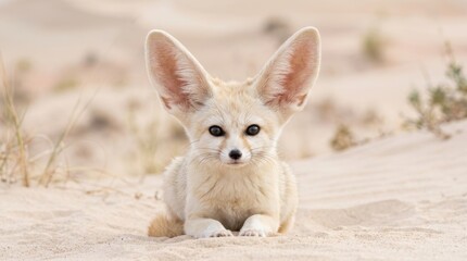 Fototapeta premium Fennec Fox in Desert: A charming fennec fox with enormous ears sits calmly on a sand dune, its gaze fixed forward, evoking a sense of wonder in its arid habitat.