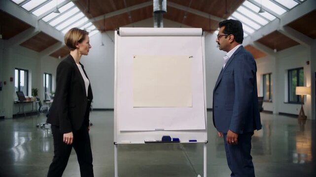 Preparing woman in black suit attaching sheet to flip chart in office, navy-suited man observing