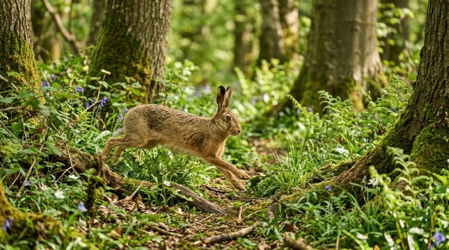 Hare in Motion Through Verdant Forest: A brown hare leaps through a lush, green forest floor, surrounded by dappled sunlight and undergrowth, showcasing the agility of wildlife in its natural habitat.