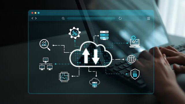 Hands Typing on Laptop with Cloud Computing Concept and Digital Icons Representing Data Management and Technology Integration. Entropy.