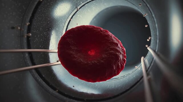 Entering probes contacting red disc, lifting and rotating inside metal tube for inspection