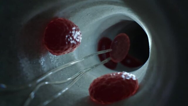 Moving biconcave red cell being pulled by plasma through lumen toward exit, trailing filaments