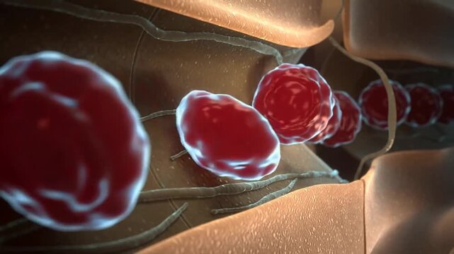 Leading cell separating, advancing glossy red chain shifting along tubular lumen