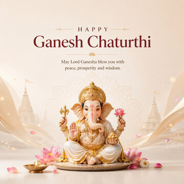 Ganesh Chaturthi social media post with creative Lord Ganesha idol and lotus flowers