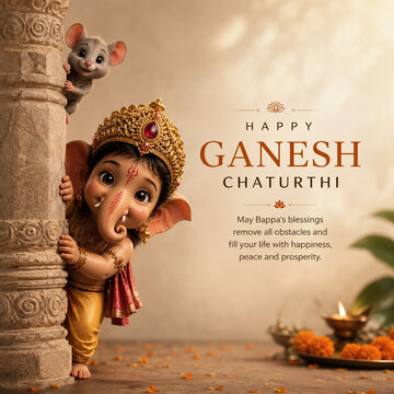 Creative Ganesh Chaturthi social media post with cute baby Ganesha and mouse illustration