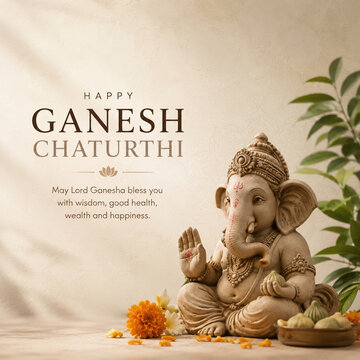 Creative Ganesh Chaturthi social media post with Lord Ganesha idol and marigold flowers