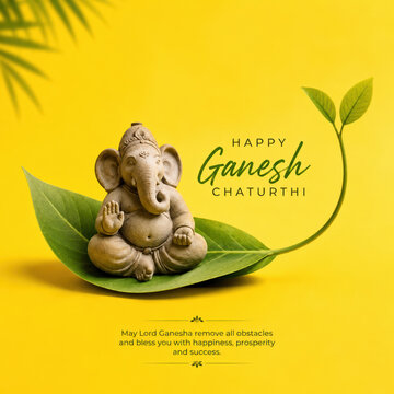 Creative Ganesh Chaturthi social media post with Lord Ganesha idol on a green leaf