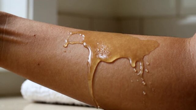 Dripping golden syrup with gravity pulling from bare forearm down counter by window, forming drips