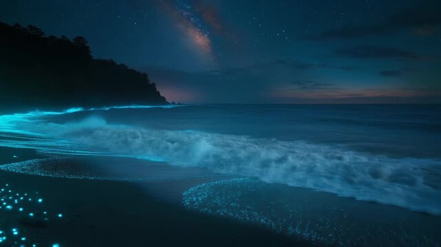 Bioluminescent Plankton Glowing Blue Waves on Sandy Beach at Night Under Starry Sky