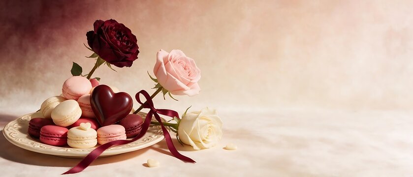 Elegant Valentine's Day dessert arrangement with roses and macarons
