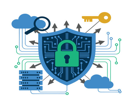 Digital Security Shield: A stylized digital shield with a locked padlock at its center represents cybersecurity, protected by a magnifying glass, a key, and cloud servers.
