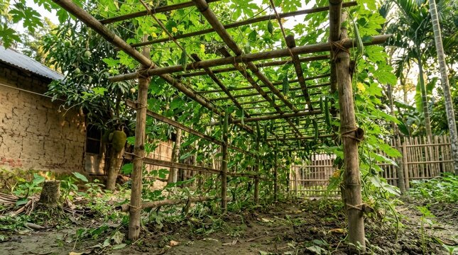 Bamboo trellis structure supporting climbing bitter gourd plants in a rural garden