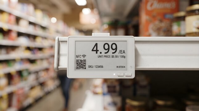Digital electronic shelf label displaying price in a supermarket aisle.