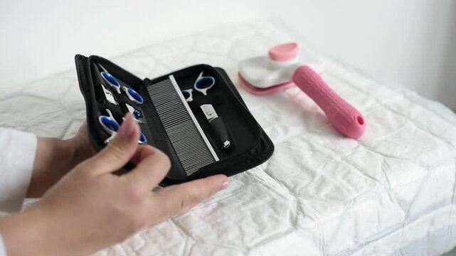 A person holds an open storage case containing professional pet grooming scissors and a metal comb over a padded table. A pink slicker brush rests nearby in the background.