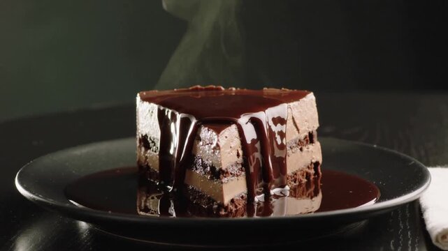 Pouring from above, chocolate sauce coating layered square cake slice on dark plate, napkin right