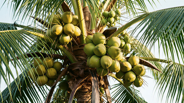 A cluster of green coconuts hangs from a tropical palm tree branch