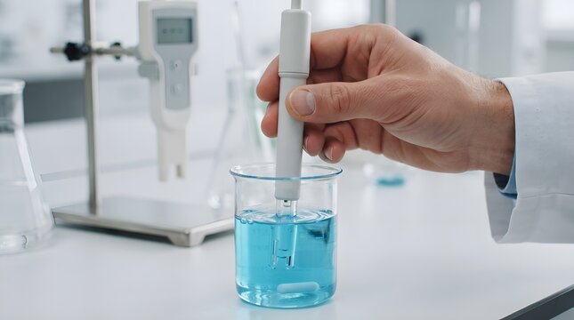 Scientist Measuring pH Level of Blue Liquid in Laboratory.