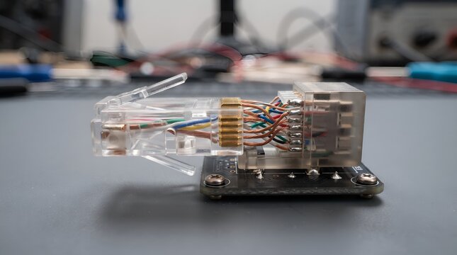Transparent Ethernet connector with exposed internal wiring and resistors.