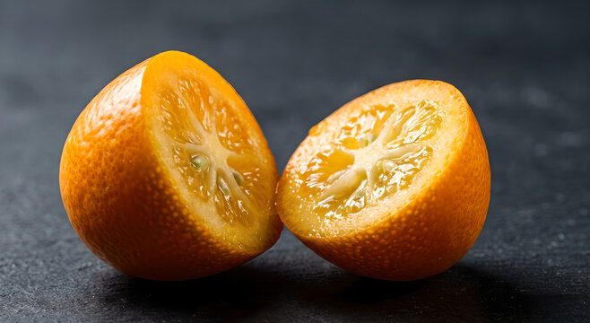 Halved kumquat with visible segments rests on a dark surface