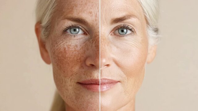 Face of a mature smiling woman. On the left is skin with age spots and deep wrinkles. On the right is smooth skin with no signs of aging