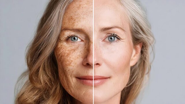 Face of a mature smiling woman. On the left is skin with age spots and deep wrinkles. On the right is smooth skin with no signs of aging