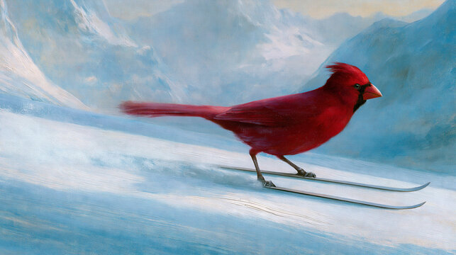 Vibrant red cardinal skiing down a snowy mountain