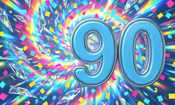 Vibrant 90th birthday celebration background with blue numbers and silver outlines surrounded by colorful confetti and diamonds on a multicolored sparkling background.