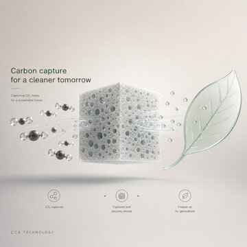 3D carbon capture and DAC technology concept, frosted glass filtration cube trapping glowing molecular particles next to green leaf on studio background with copy space