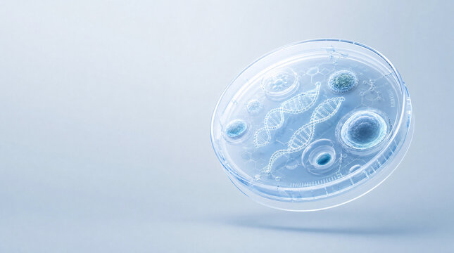 3D synthetic biology and bio-manufacturing concept, floating translucent bioreactor disc with glowing cellular gene structures on clean studio background with copy space