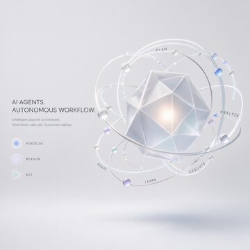 3D AI agent and automated workflow concept, luminous floating frosted glass polyhedron surrounded by interconnected workflow rings on studio background with copy space