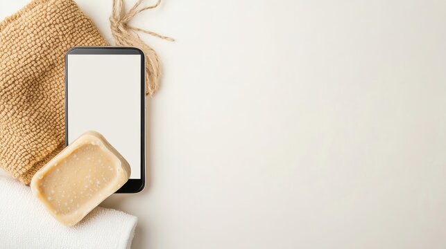 Deep Evening With Space for Social Media Copy: Smartphone Creating Content With Handmade Soap And Towels Sma &acirc;&euro;&ldquo; Skyline Study 2