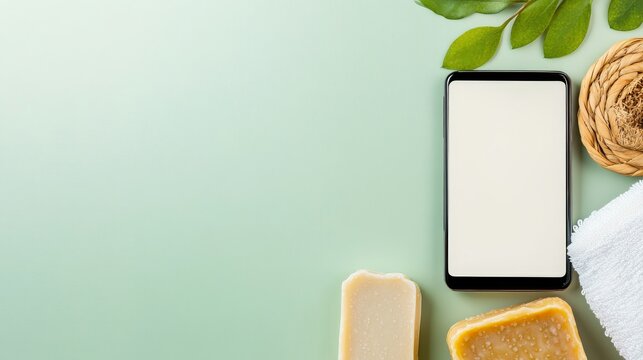 Electric Dusk With Space for Social Media Copy: Smartphone Creating Content With Handmade Soap And Towels Sma