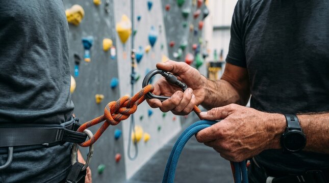 Close-up of hands tying climbing knot on rope with carabiner at indoor climbing wall. Instructor teaching belay knot.