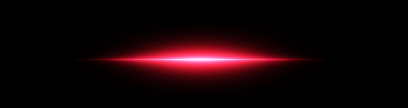 Bright red horizontal laser beam lens flare isolated on black background