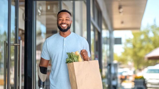 Smiling man with prosthetic arm and grocery bag at supermarket entrance on sunny day. The concept of independence, cheerfulness, lifestyle