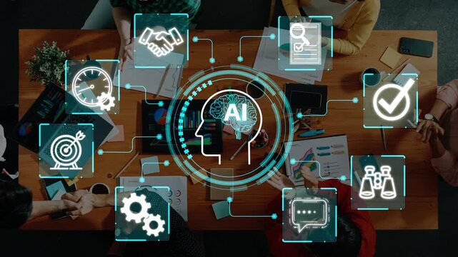 Collaborative Workspace with AI Graphics and Technology Icons for Innovation, Productivity, and Teamwork in Modern Business Environment. Entropy.