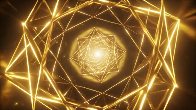 Intricate golden sacred geometry with interlocking shapes glowing from a central light source