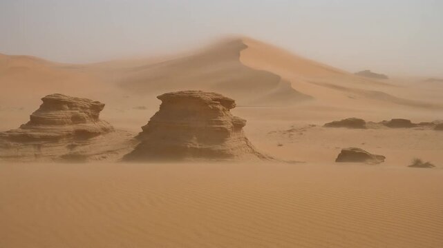Expansive Desert Landscape with Sandy Terrain and Erosion Patterns Under a Hazy Sky