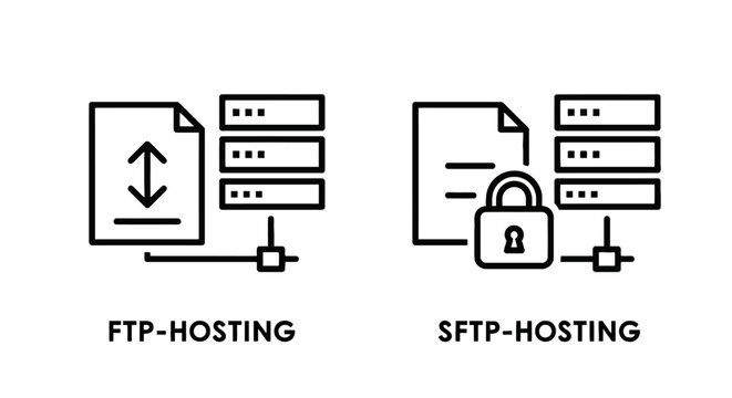 Ftp and sftp hosting icons featuring file transfer document and security padlock line art black and white document security protocol computer