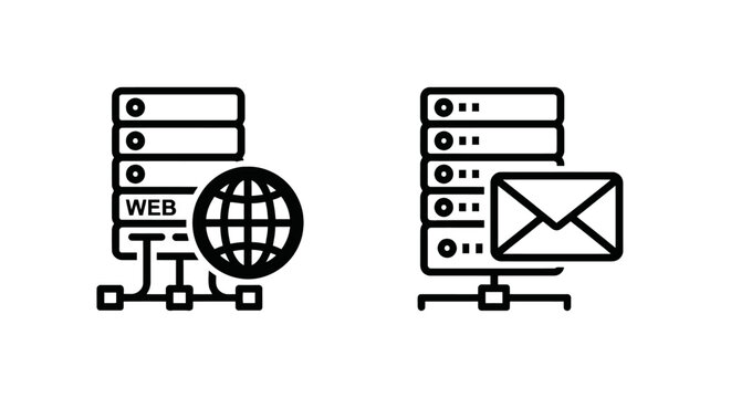 Server rack icons with web globe and mail envelope representing network infrastructure and email hosting data center line art black and white