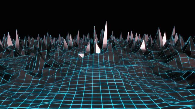 Digital wireframe terrain with glowing blue peaks and geometric mesh grid pattern