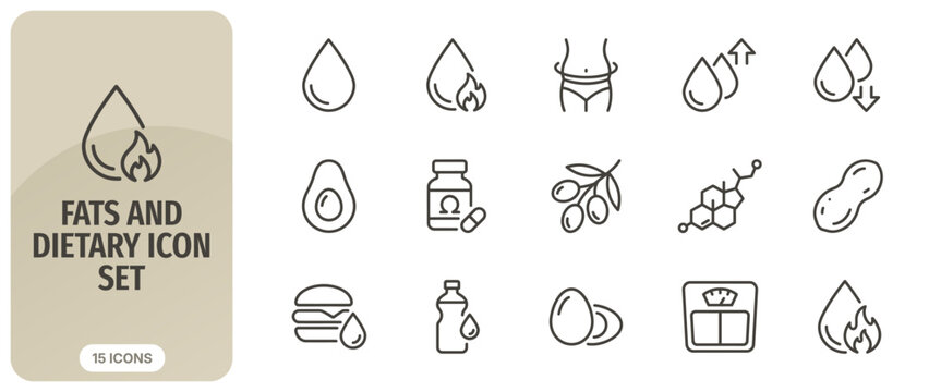 Fats and dietary icon set, healthy nutrition, weight loss, omega 3, cholesterol, food and fitness line icons
