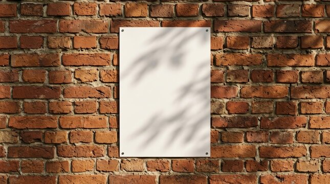 Empty white paper poster on a rustic red brick wall background with natural shadow play.
